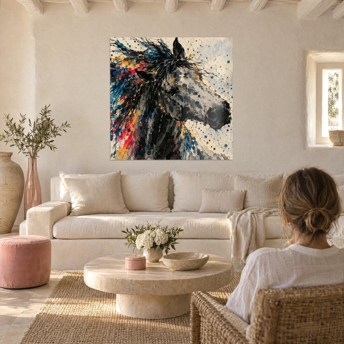 Tableau cheval gris à la crinière éclaboussée de rouge, bleu et orange, une femme de dos, au-dessus d'un canapé dans un salon lumineux