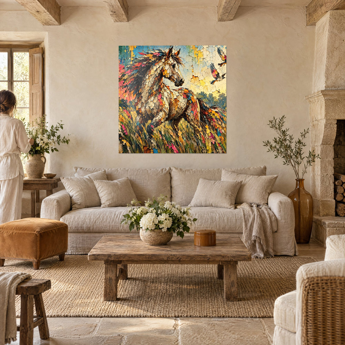 Tableau cheval sauvage à la crinière rose et orange, robe écaillée ivoire et bleu, au-dessus d'un canapé dans un salon lumineux