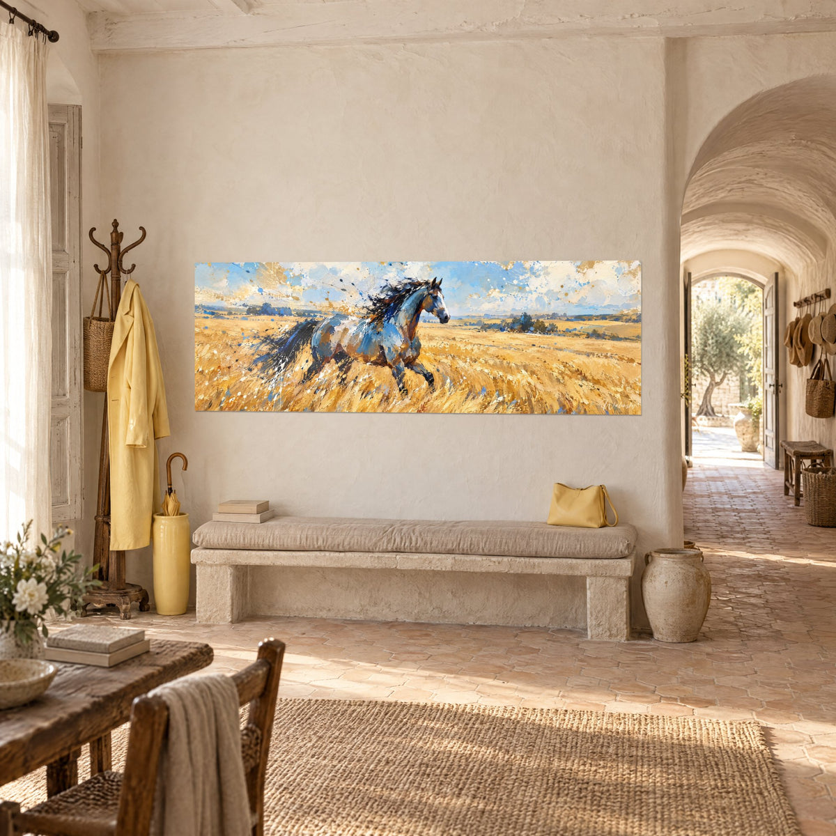 Tableau coursier à la crinière d'encre flottant au vent, ciel bleu pâle et blé ocre, accroché dans l'entrée d'un mas provençal