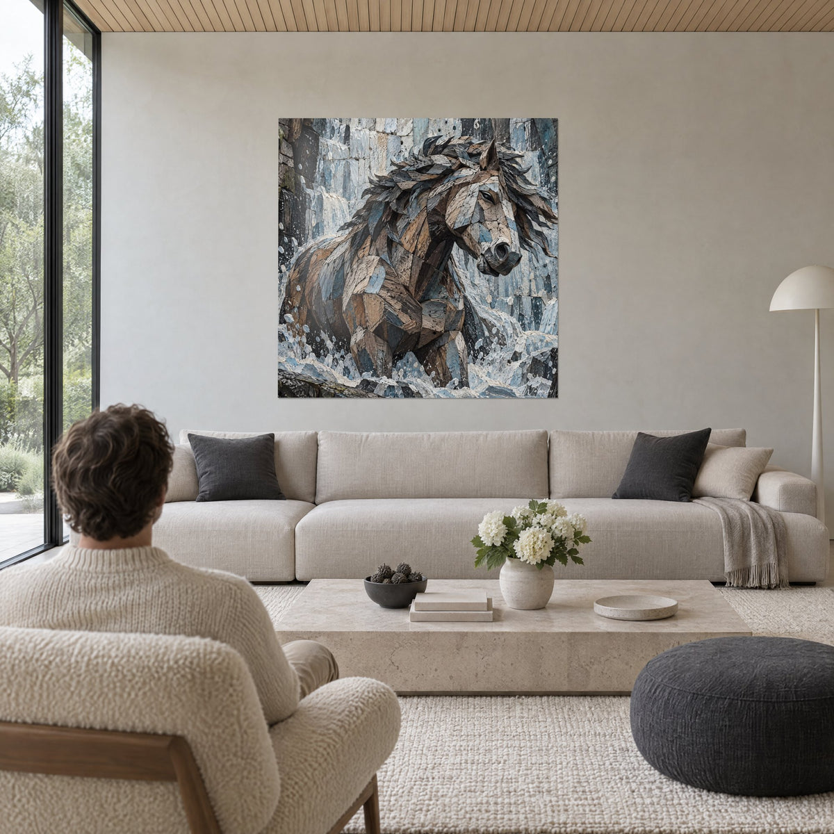 Tableau étalon en mosaïque d'éclats bruns et bleu ardoise, crinière anguleuse, au-dessus d'un canapé dans un salon lumineux