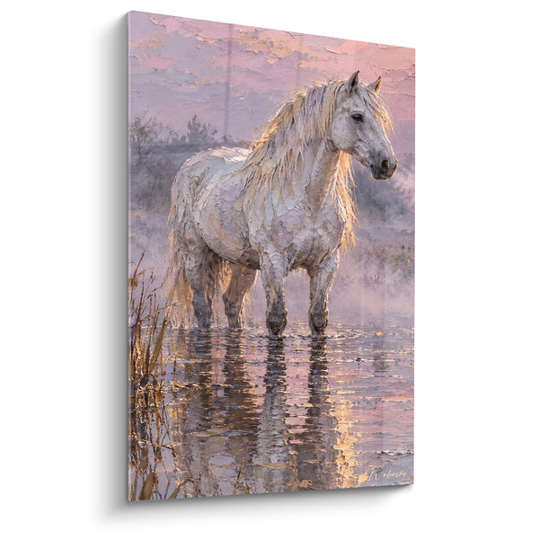 Tableau Cheval blanc dans une lagune rosée - Aube silencieuse - Edition Cheval de Camargue