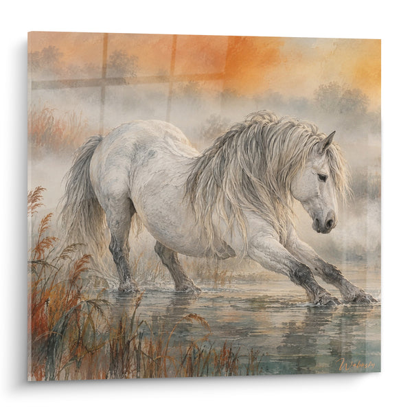 Gemälde Weißes Pferd in orangefarbenem Wasser - Nebelige Durchquerung - Edition Camargue-Pferd