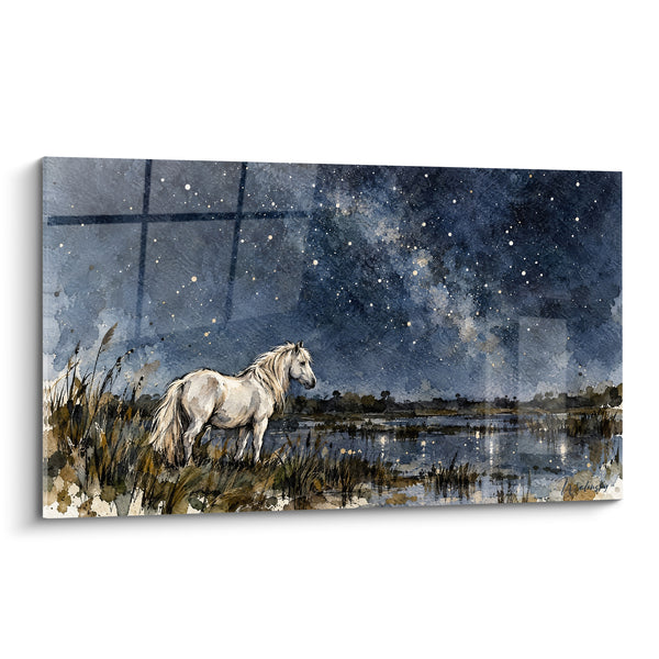Tableau Cheval blanc sous ciel étoilé bleu nuit - Veillée étoilée - Edition Cheval de Camargue