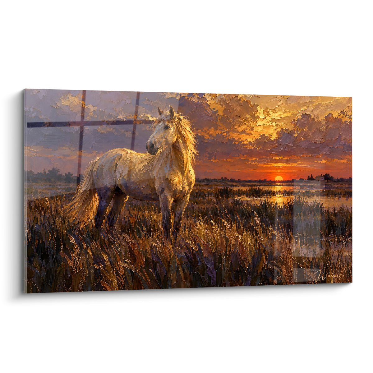 Tableau Cheval de Camargue blanc dressé face au soleil orangé dans les roseaux dorés du marais