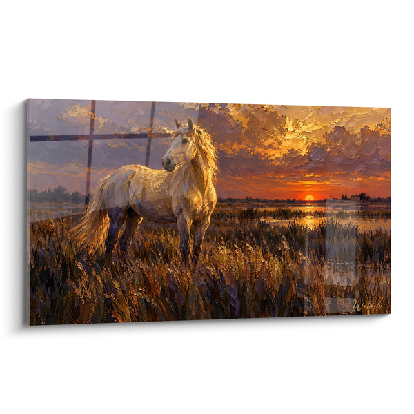 Tableau Cheval blanc et doré dans les hautes herbes - Soleil couchant sur l'étang - Edition Cheval de Camargue