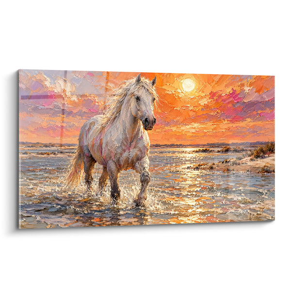 Tableau Cheval blanc orange et rose soleil incandescent - Rive sablonneuse au loin - Edition Cheval de Camargue