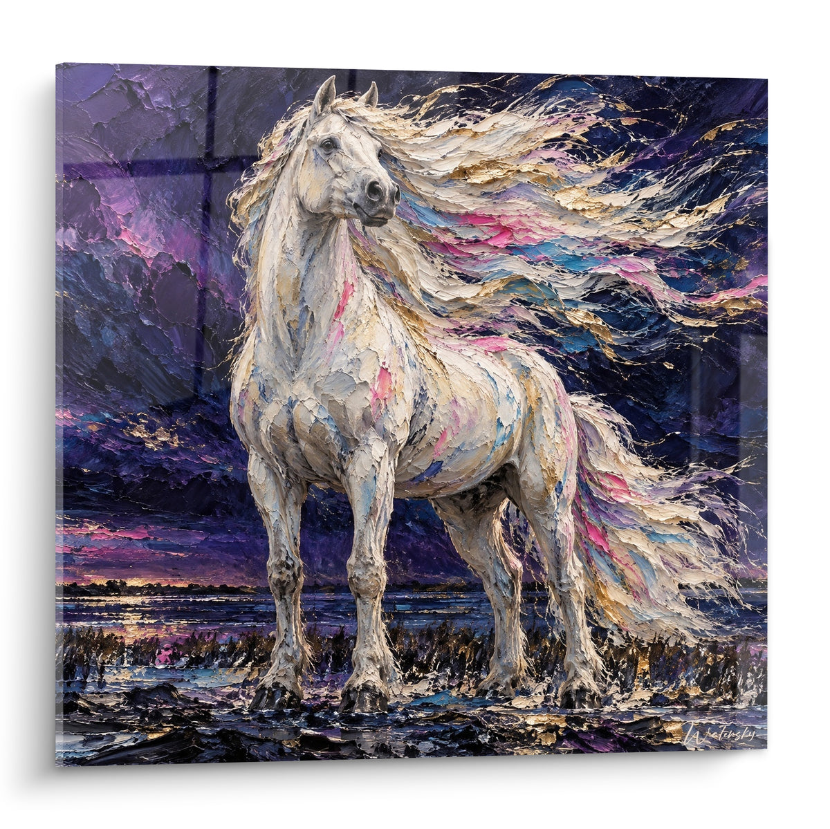 Tableau Cheval de Camargue blanc à crinière dorée et rose sur fond violet orageux