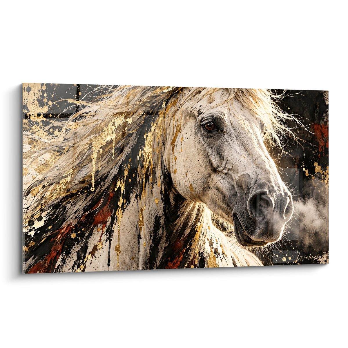 Tableau Cheval de Camargue blanc à la crinière dorée et noire, museau fumant sur fond anthracite