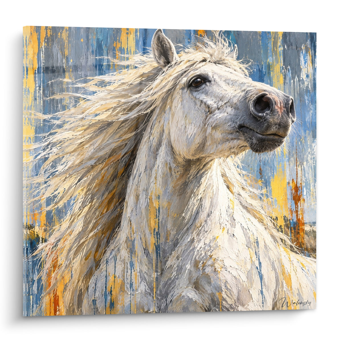 Gemälde Weißes Camargue-Pferd mit goldener, im Wind wehender Mähne vor marineblauem und ockerfarbenem Hintergrund