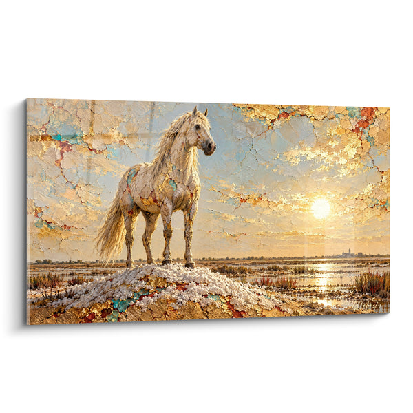 Tableau Cheval blanc doré sur dune marine - Veille au couchant - Edition Cheval de Camargue