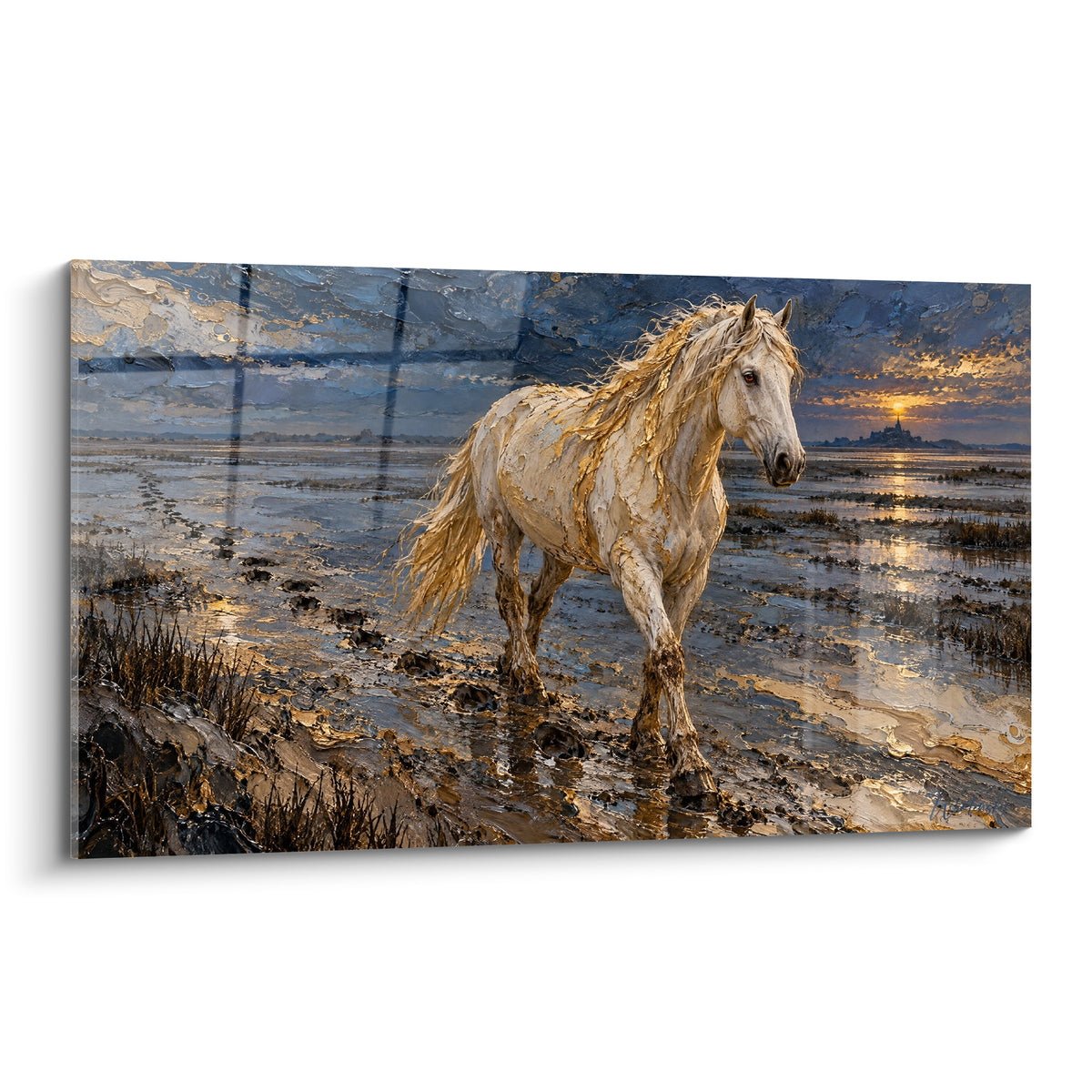 Tableau Cheval de Camargue blanc et doré traversant un marais au coucher du soleil bleu marine