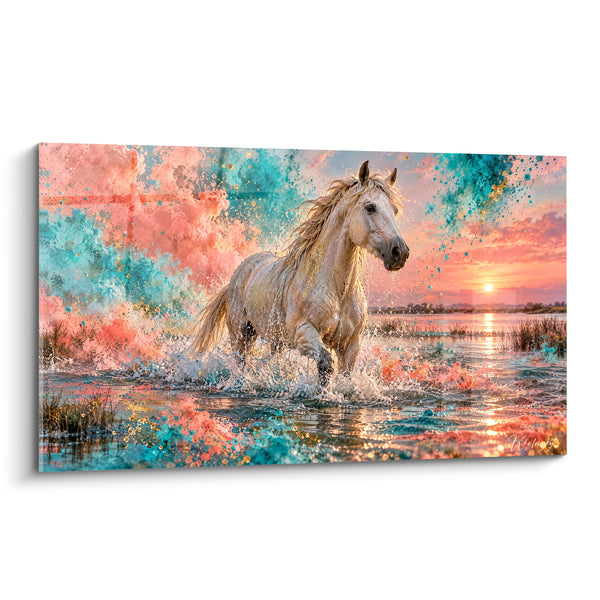 Gemälde Weißes Pferd, das durch rosa und türkisfarbenes Wasser watet - Gleißender Galopp - Edition Camargue-Pferd