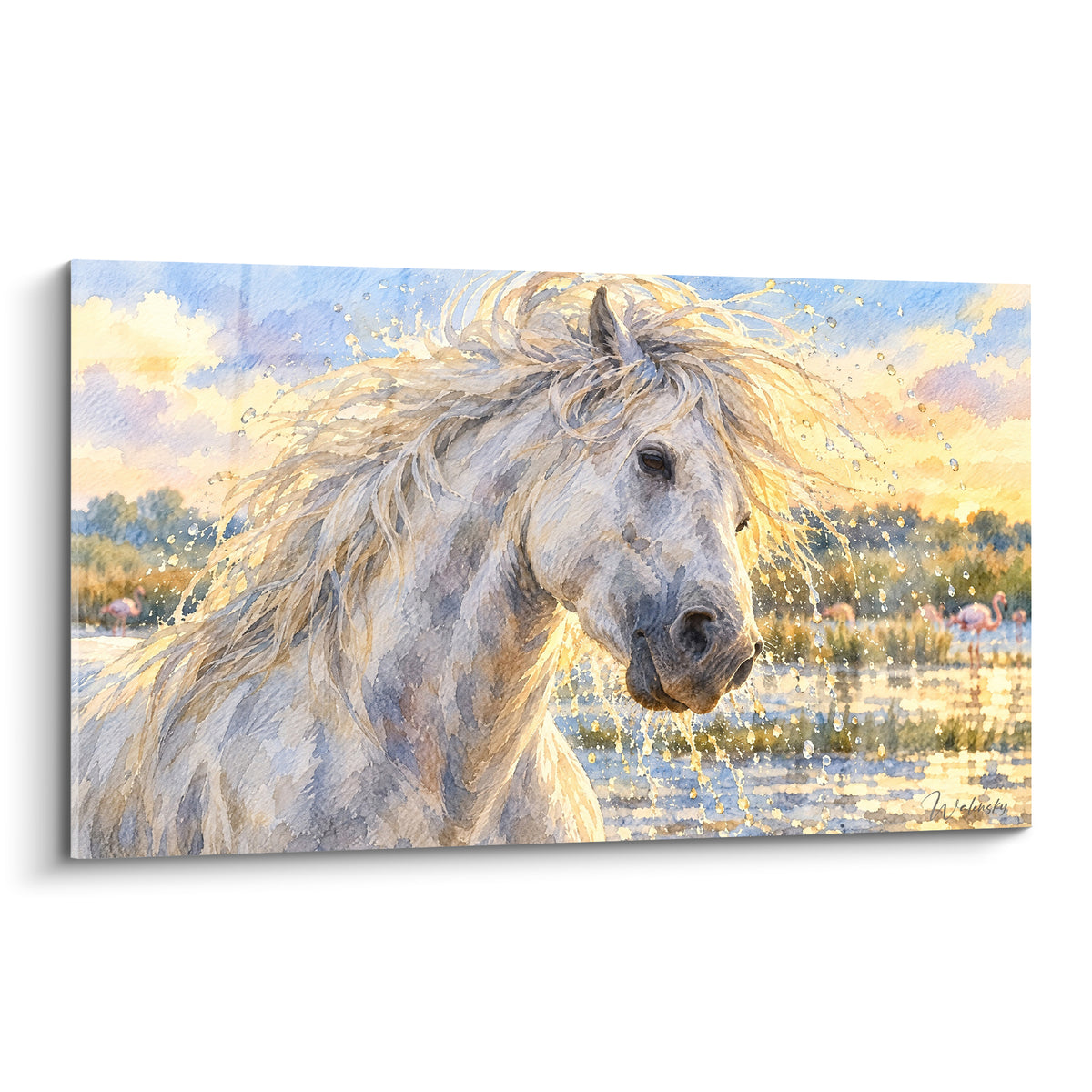 Tableau Cheval de Camargue blanc jaillissant d'eau dorée, crinière en mouvement sous ciel bleu pastel