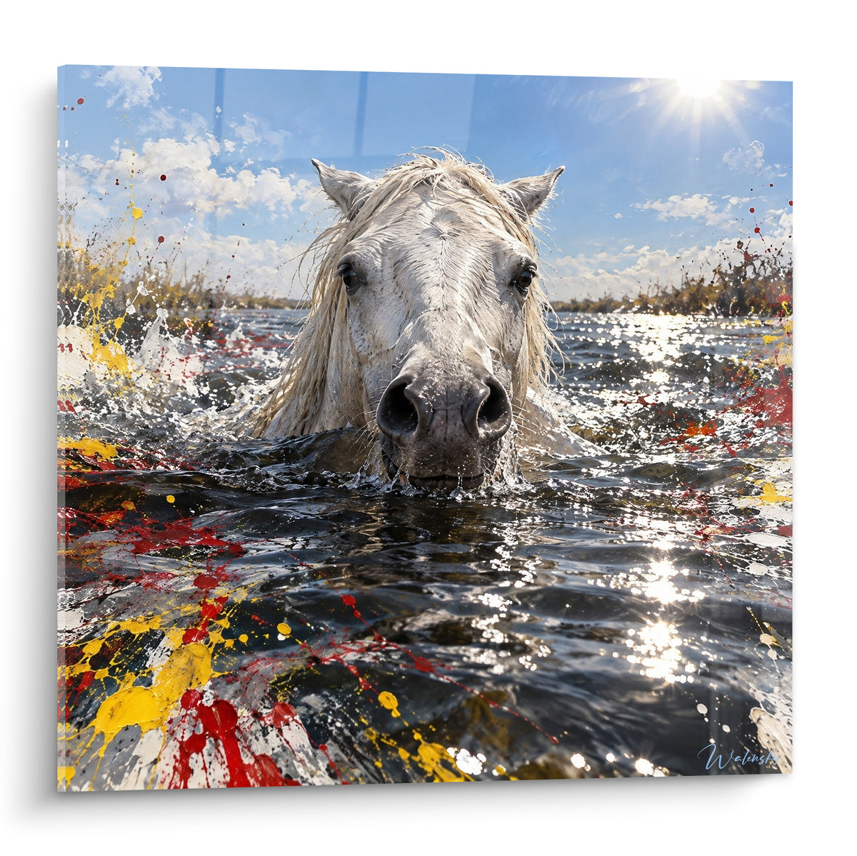 Tableau Cheval de Camargue blanc émergeant de l'eau anthracite éclaboussée de rouge et jaune