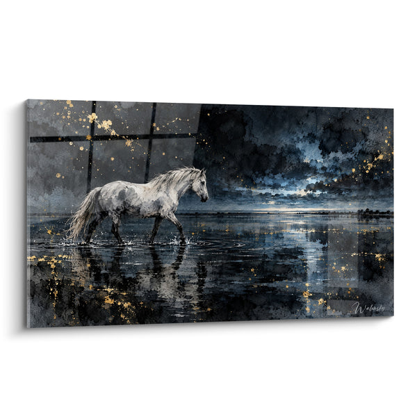 Tableau Cheval blanc marchant dans l'eau bleu nuit - Marche nocturne - Edition Cheval de Camargue