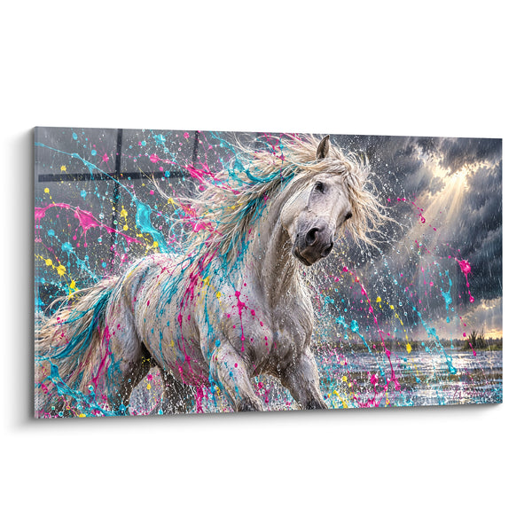 Tableau Cheval blanc éclaboussé de rose et turquoise - Course électrique - Edition Cheval de Camargue