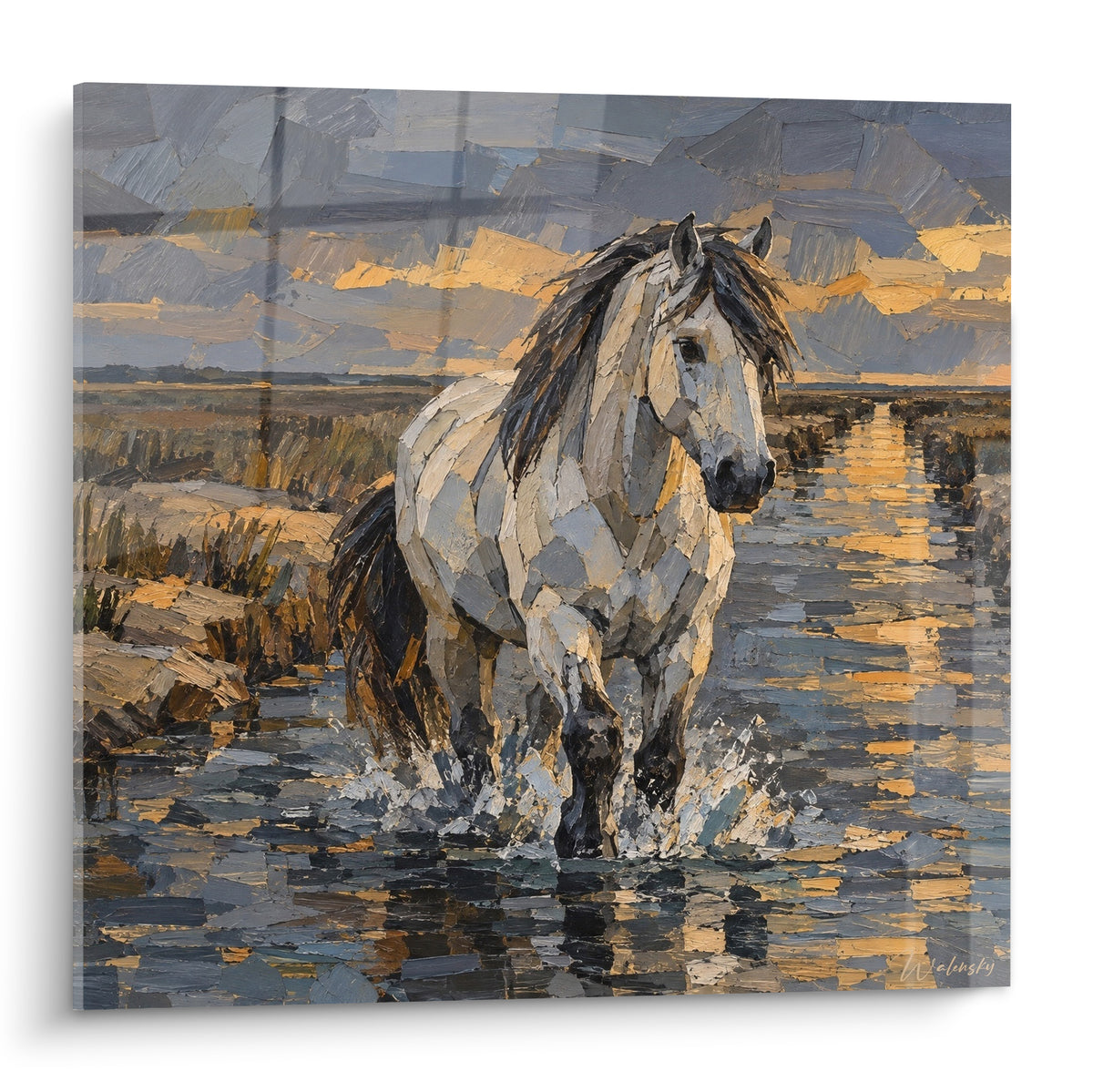 Tableau Cheval de Camargue blanc traversant un étang doré sous un ciel anthracite chargé