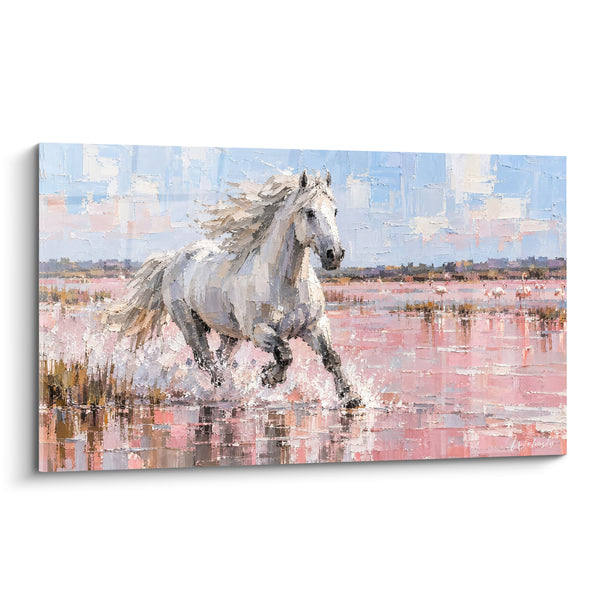 Tableau Cheval blanc dans un étang rose - Galop sauvage - Edition Cheval de Camargue