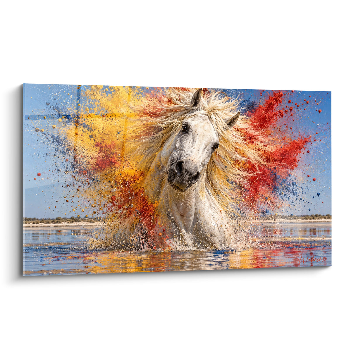 Tableau Cheval de Camargue blanc surgissant de l'eau dans une explosion ocre et rouge