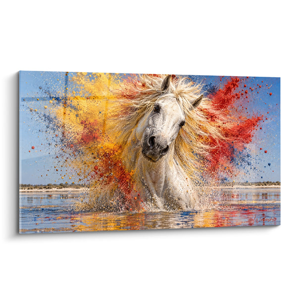 Tableau Cheval blanc entre éclats rouges et dorés - Explosion de liberté - Edition Cheval de Camargue