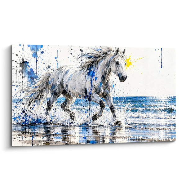Quadro Cavallo bianco con schizzi blu che cammina nell'acqua - Galoppo sulla riva - Edizione Cavallo della Camargue