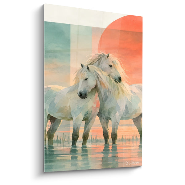 Tableau Chevaux blancs têtes rapprochées lagune corail - Lien silencieux - Edition Cheval de Camargue