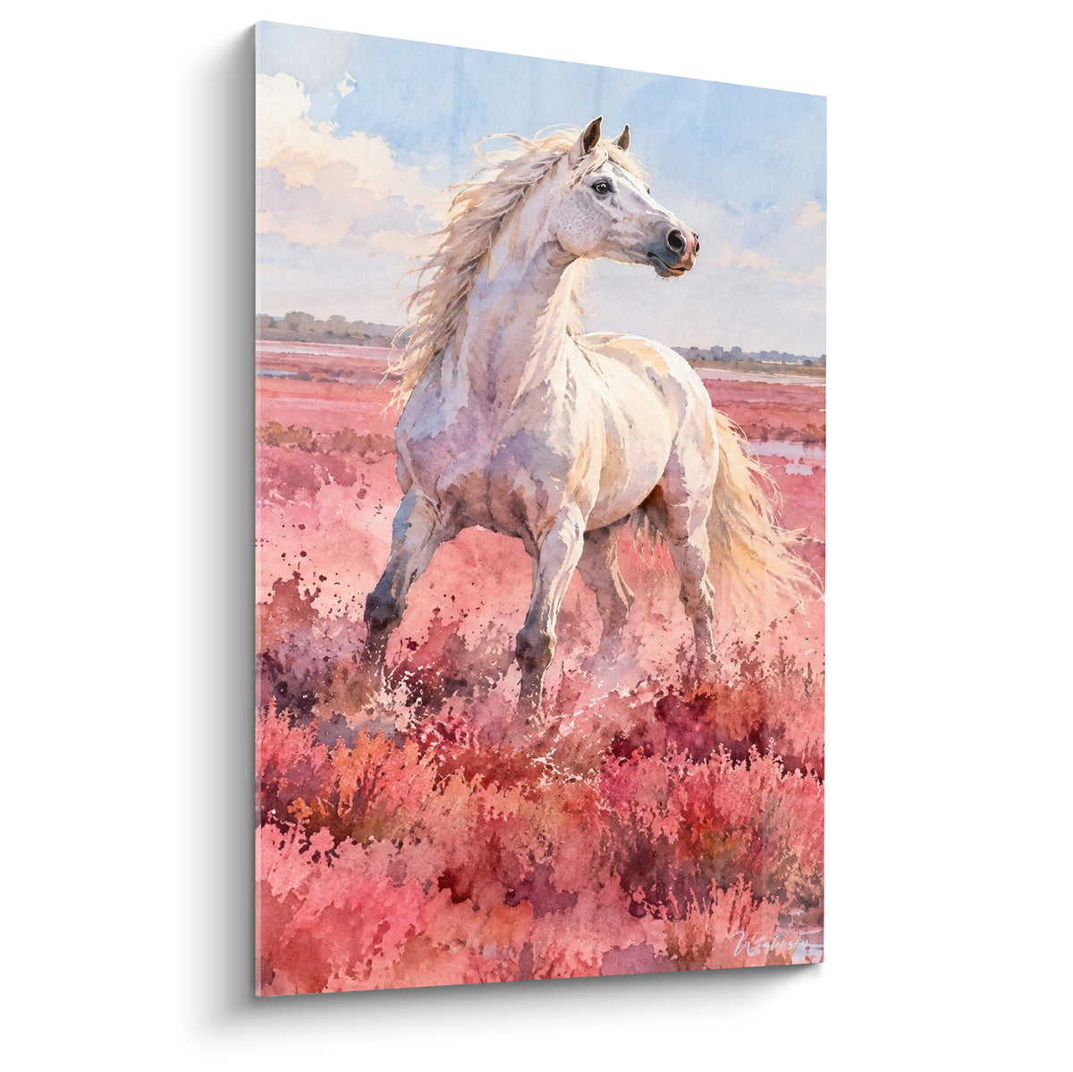 Tableau Cheval de Camargue blanc courant dans une lande rose fuchsia et bleu pastel