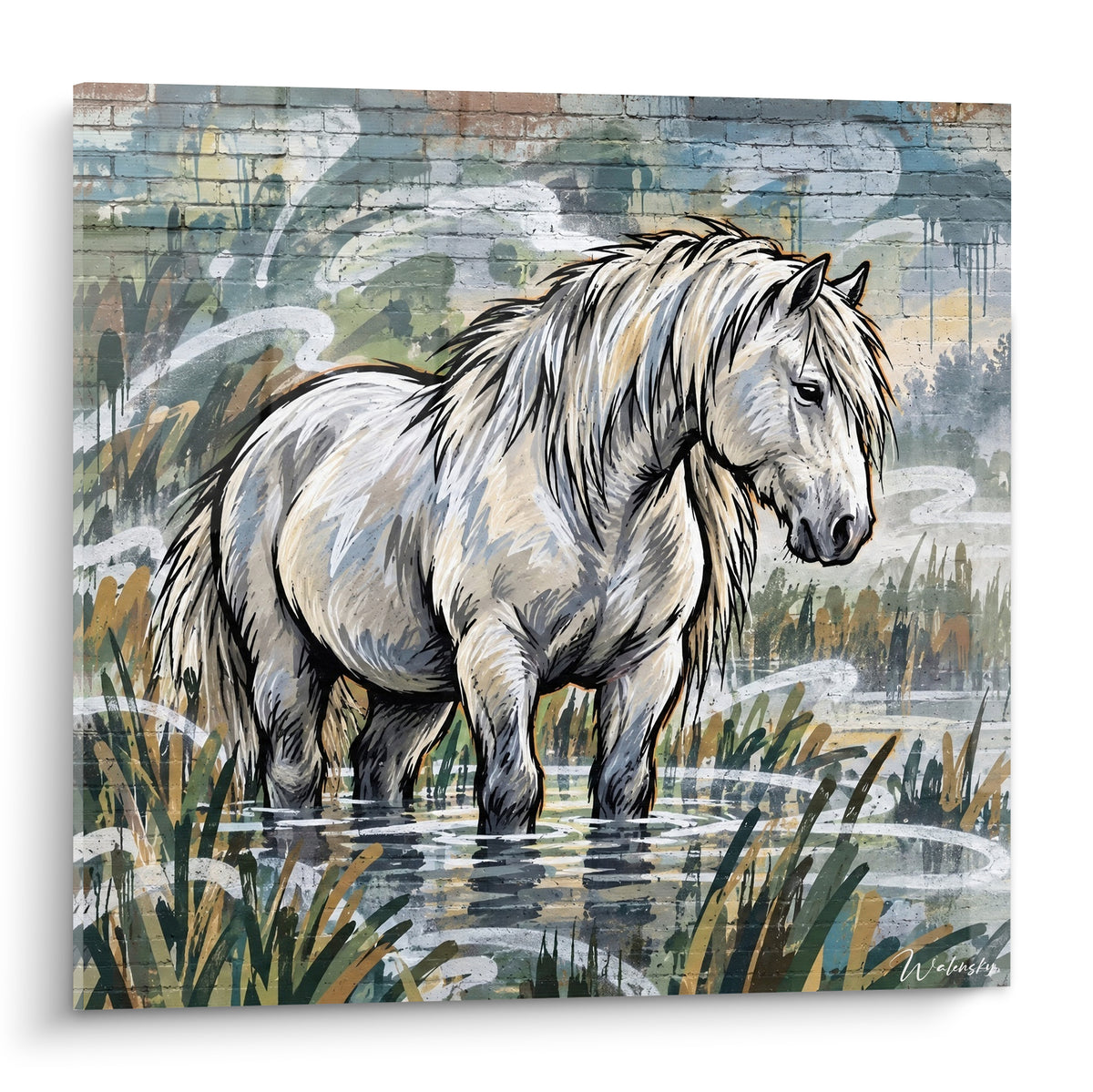 Tableau Cheval de Camargue blanc debout dans l'eau, crinière grise, fond anthracite graphique