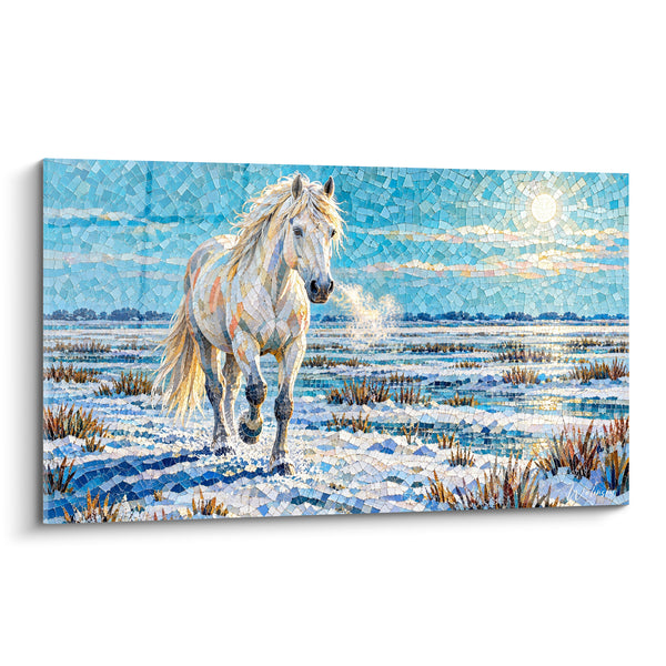 Tableau Cheval blanc traversant des marais bleutés - Lumière des marais - Edition Cheval de Camargue