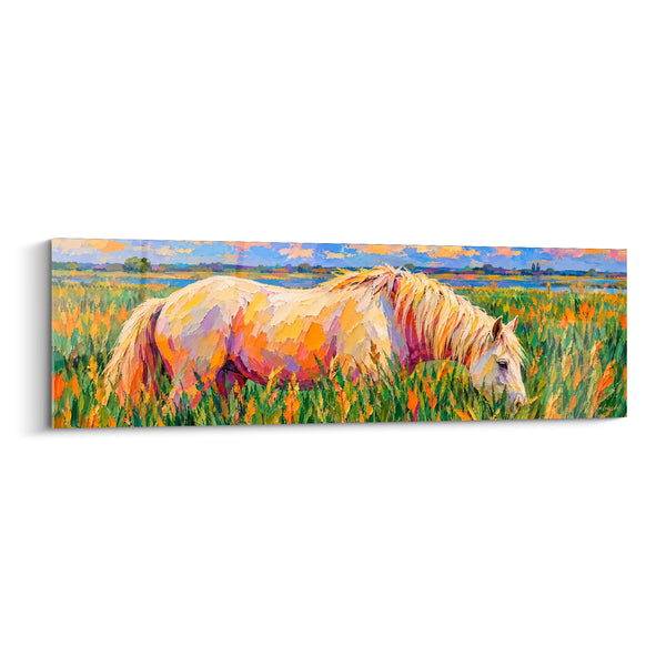 Tableau Cheval blanc crinière dorée dans marais fleuri - Pâture au couchant - Edition Cheval de Camargue