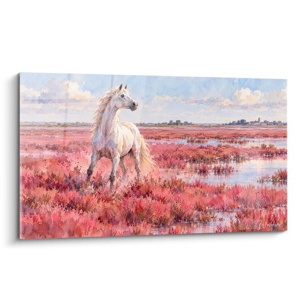 Tableau Cheval blanc dans marais rose - Galop des étangs - Edition Cheval de Camargue