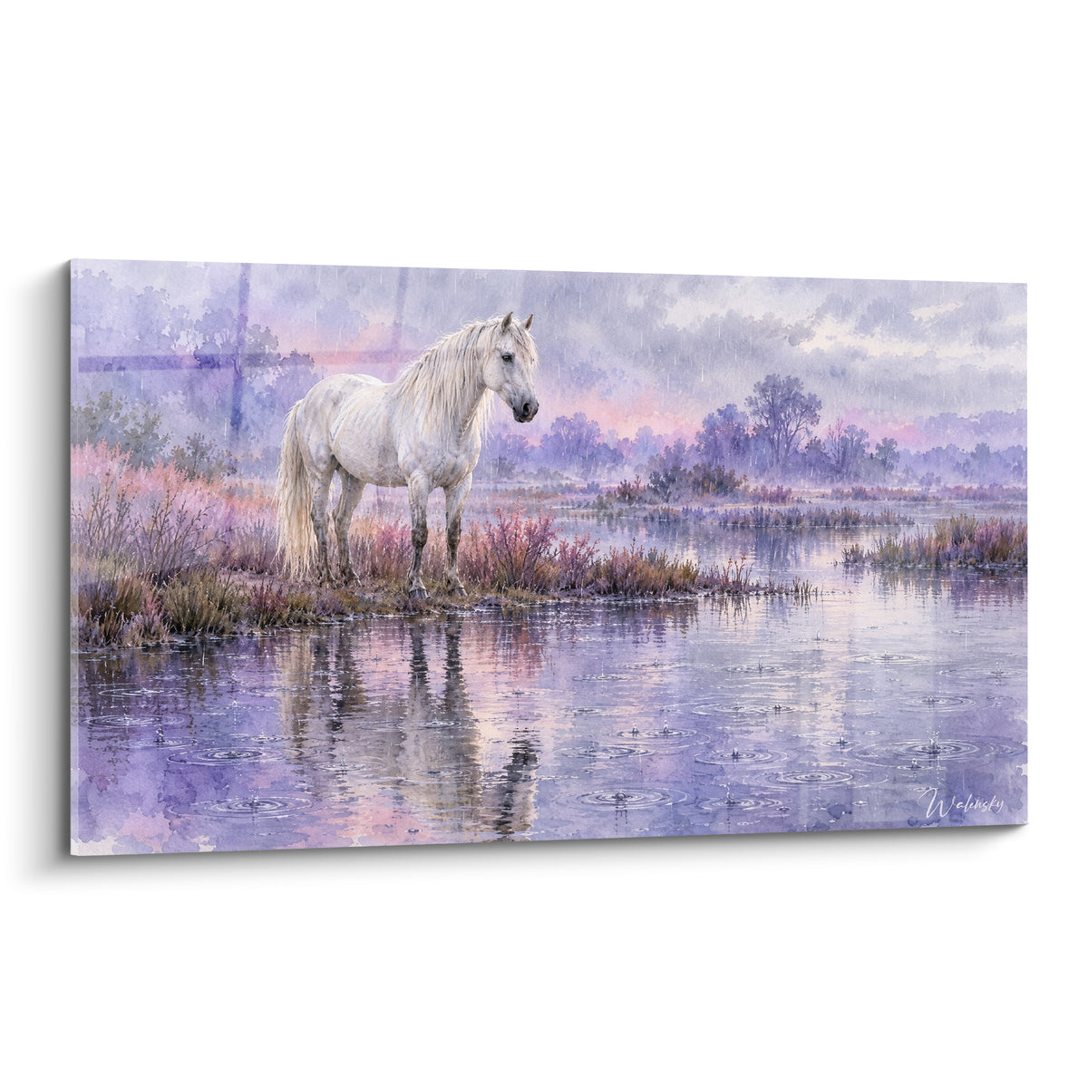 Tableau Cheval de Camargue blanc au marais, crinière fluide, brume violette et rose au couchant