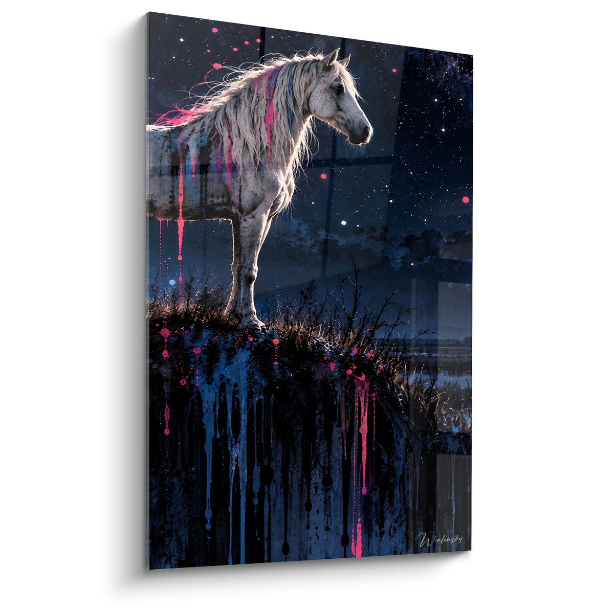 Tableau Cheval de Camargue blanc sous ciel étoilé, crinière striée de rose et bleu électrique