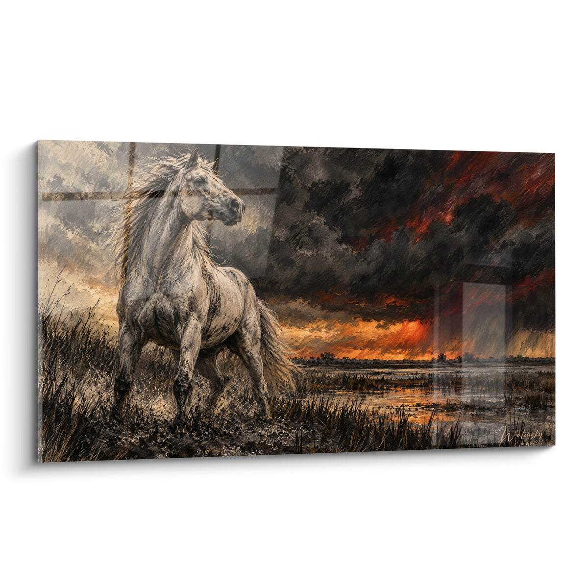 Tableau Cheval de Camargue blanc dressé dans la boue sous ciel orageux ocre et anthracite