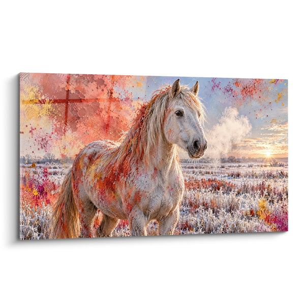 Tableau Cheval blanc éclaboussé de rouge et orangé - Souffle givré - Edition Cheval de Camargue