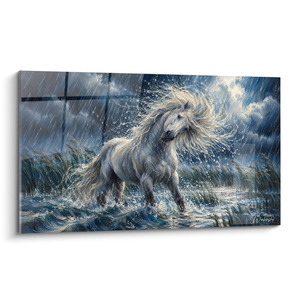 Tableau Cheval blanc galopant sous une pluie bleutée - Tempête indomptée - Edition Cheval de Camargue