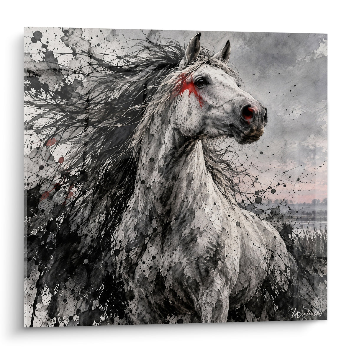 Tableau Cheval de Camargue blanc à crinière noire et marques rouges près de l'œil