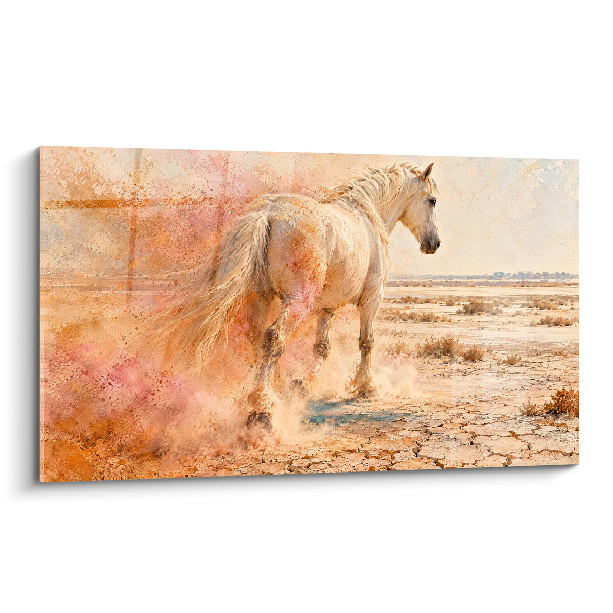 Tableau Cheval de Camargue blanc avançant sur terre ocre craquelée, crinière blonde au vent