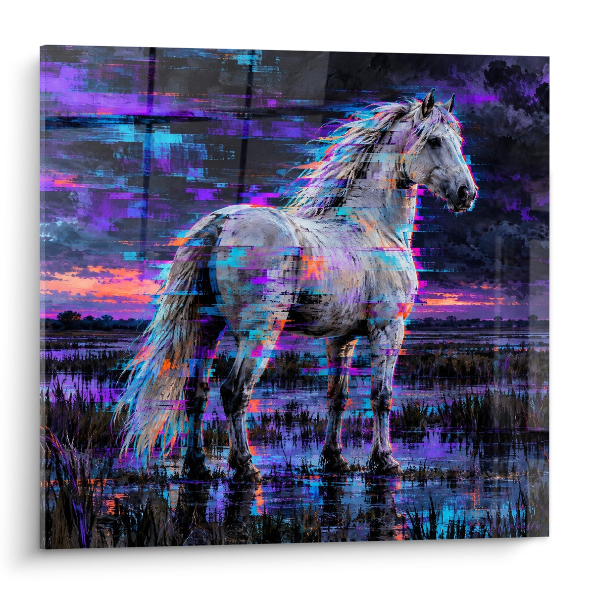 Tableau Cheval de Camargue blanc traversé d'éclairs violets et turquoise dans un marais au crépuscule