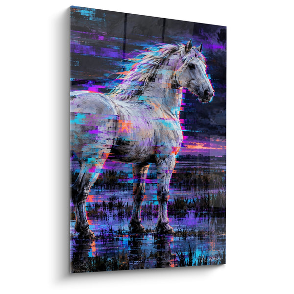 Tableau Cheval blanc aux reflets violet et turquoise - Mirage électrique - Edition Cheval de Camargue