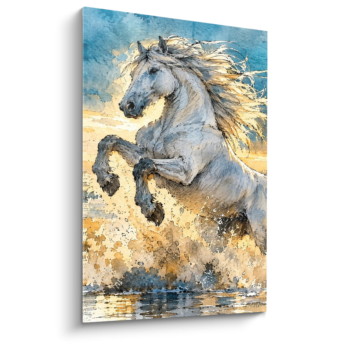 Tableau Cheval de Camargue cabré, crinière blanche, ciel bleu marine et éclaboussures ocre