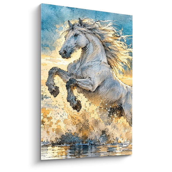 Tableau Cheval blanc cabré bleu ocre - Cabrage sauvage - Edition Cheval de Camargue