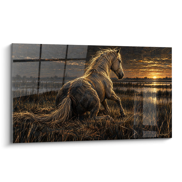 Tableau Cheval blanc crinière dorée au marais - Fougue du crépuscule - Edition Cheval de Camargue