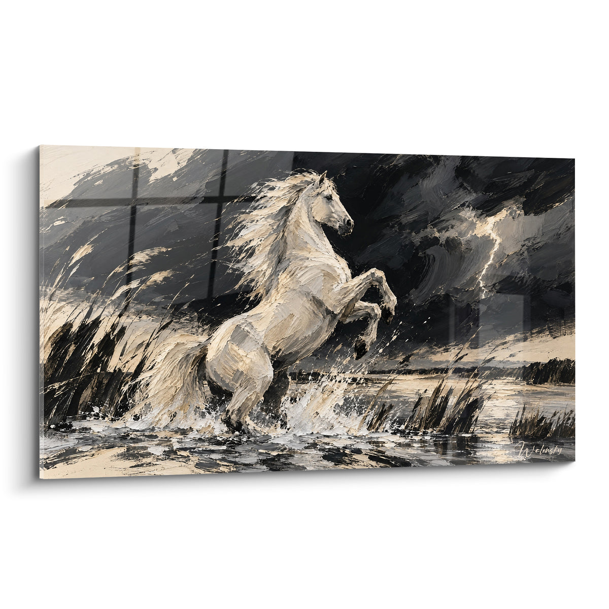 Tableau Cheval de Camargue cabré blanc et doré jaillissant d'une eau anthracite sous un ciel d'orage