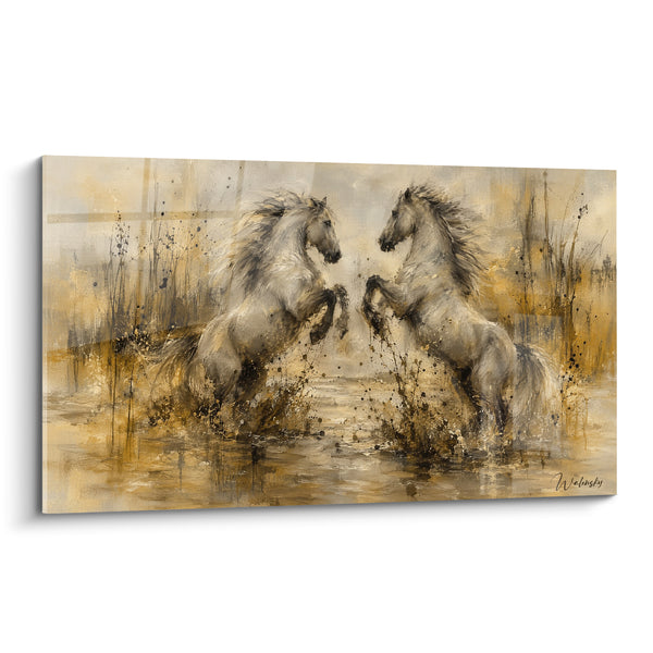 Tableau Chevaux blancs cabrés dans l'eau dorée - Duel sauvage - Edition Cheval de Camargue