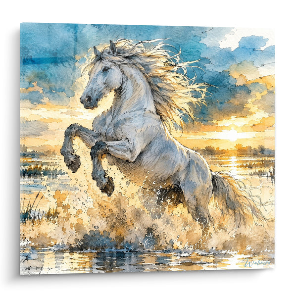Tableau Cheval blanc cabré dans les marais dorés - Sursaut de liberté - Edition Cheval de Camargue