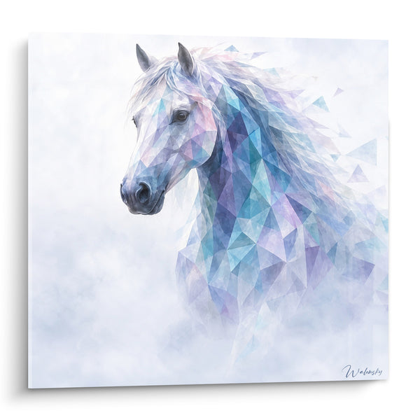 Tableau Cheval blanc à crinière bleue et violette géométrique - Songe cristallin - Edition Cheval de Camargue