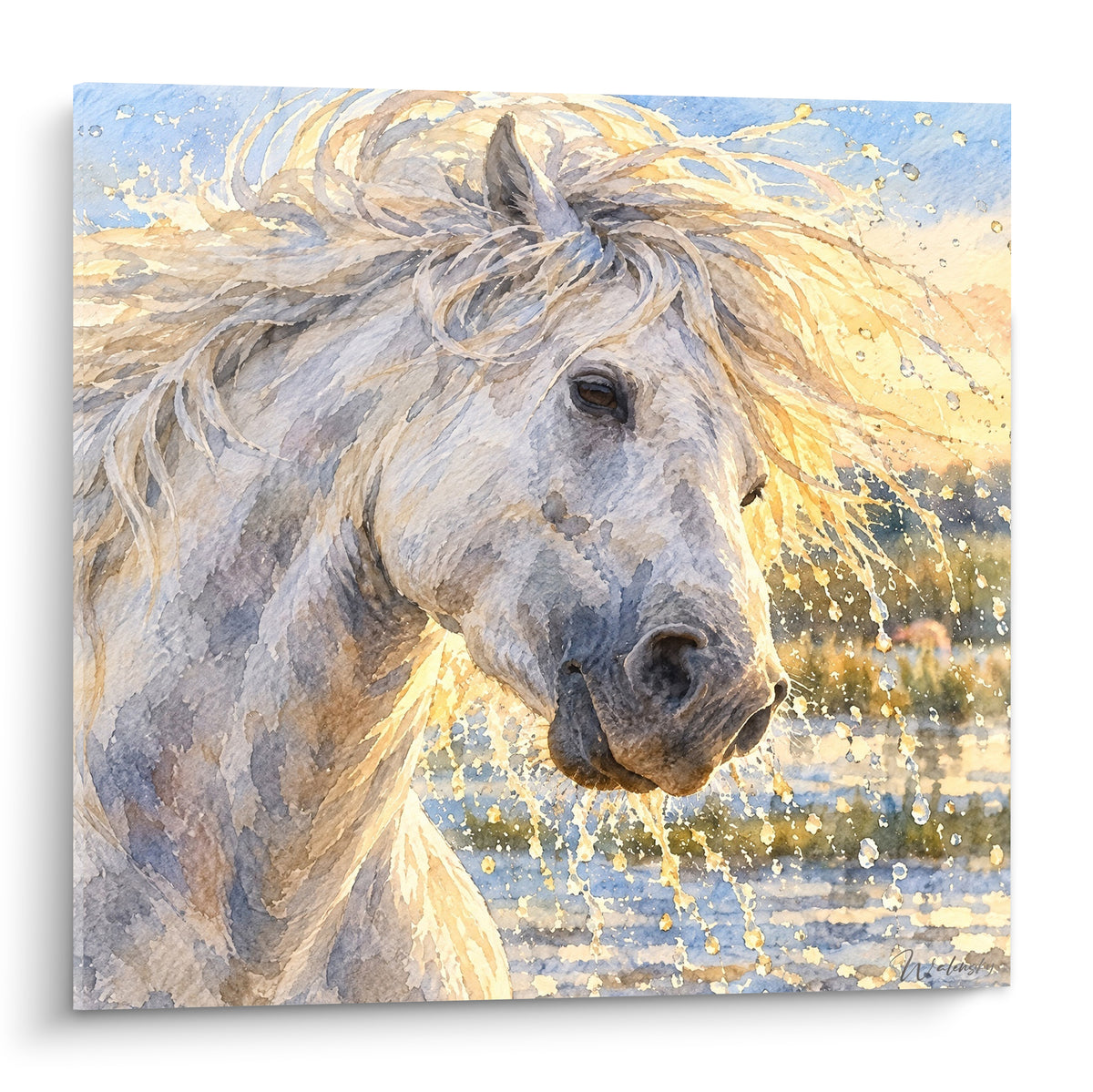 Tableau Cheval de Camargue blanc gris à crinière dorée agitée d'éclaboussures lumineuses