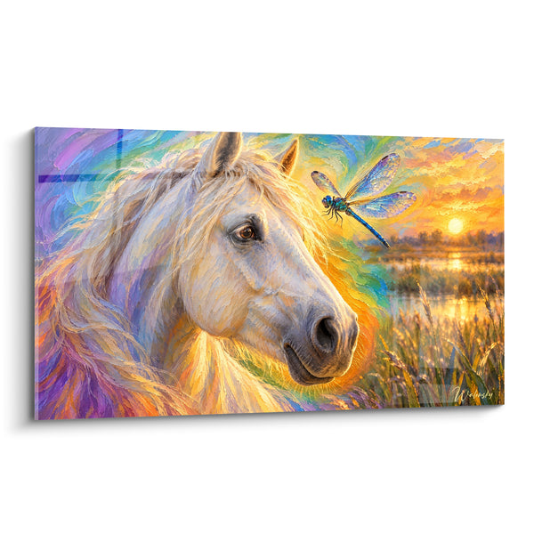 Tableau Tête de cheval blanche et violette libellule bleue - Soleil sur l'étang - Edition Cheval de Camargue
