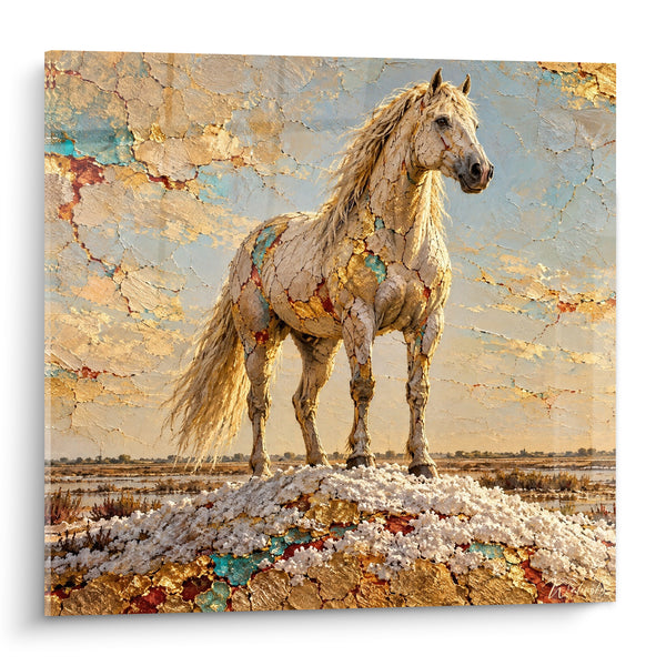 Tableau Cheval blanc doré sur dune de sel - Sentinelle des marais - Edition Cheval de Camargue